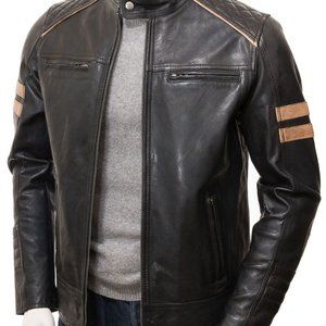 Men’s  Black Cafe Racer Leather Jacket| Leather Biker Jacket